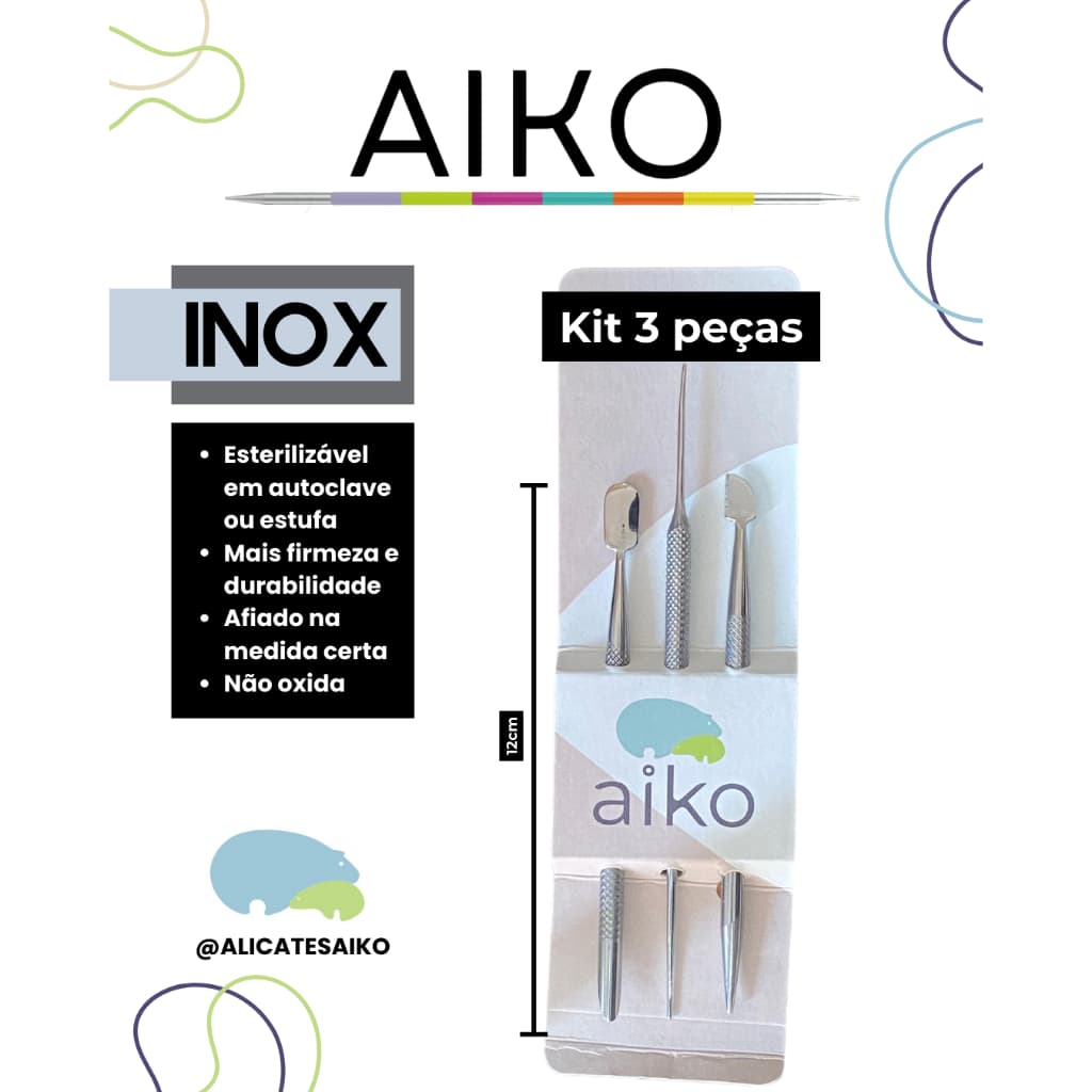 Kit 3 peças Aiko inox multifunção manicure profissional espátula palito empurrador de cutícula