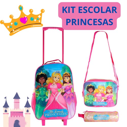 Kit Mochila Infantil Escolar com 3 peças Princesas: inclui uma lancheira térmica com bastante espaço