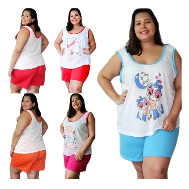 Kit 5 PIJAMA Feminino Baby Short Doll Conjunto Malha Plus Size Regata 50-52-54 Atacado Verao Calor
