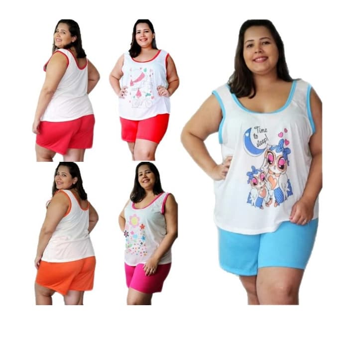Kit 6 PIJAMA Feminino Baby Short Doll Conjunto Malha Plus Size Regata 50-52-54 Atacado Verao Calor