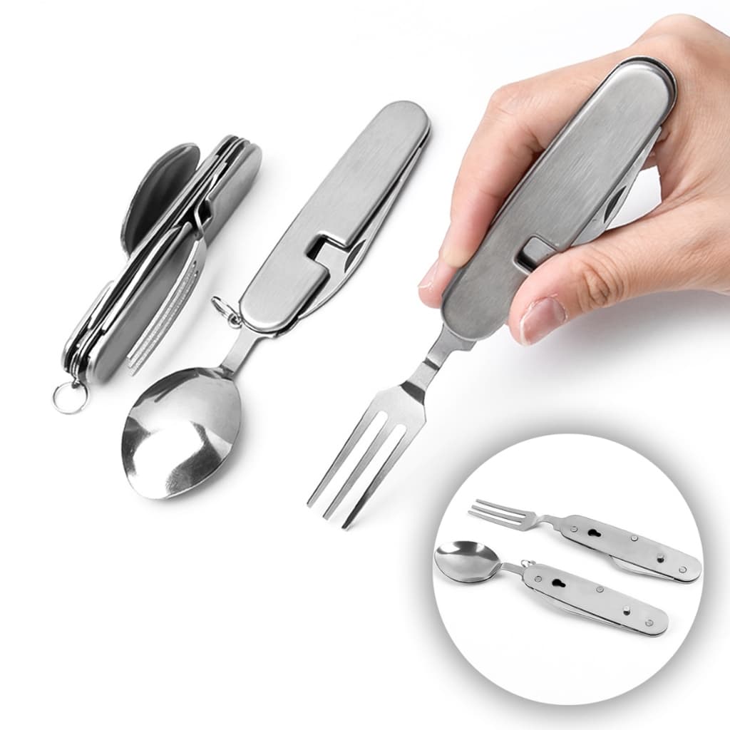 Kit de talheres 5 em 1 em alo inox para camping acampamento trekking pescaria garfo colher abridor multiuso