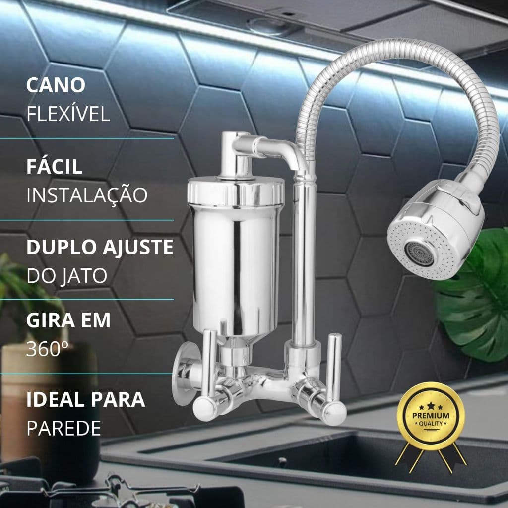 Torneira Parede Pia Cozinha Gourmet Filtro Pró-Saúde Cano Flexível Metal Premium