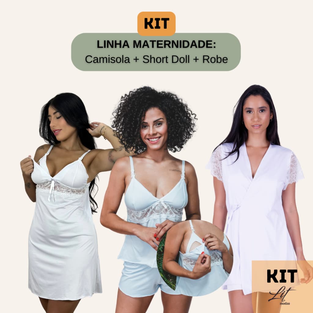 KIT com 3 Peças - Robe, Camisola e Pijama Amamentação Gestante Saída Maternidade - BeLIT Linha Noite