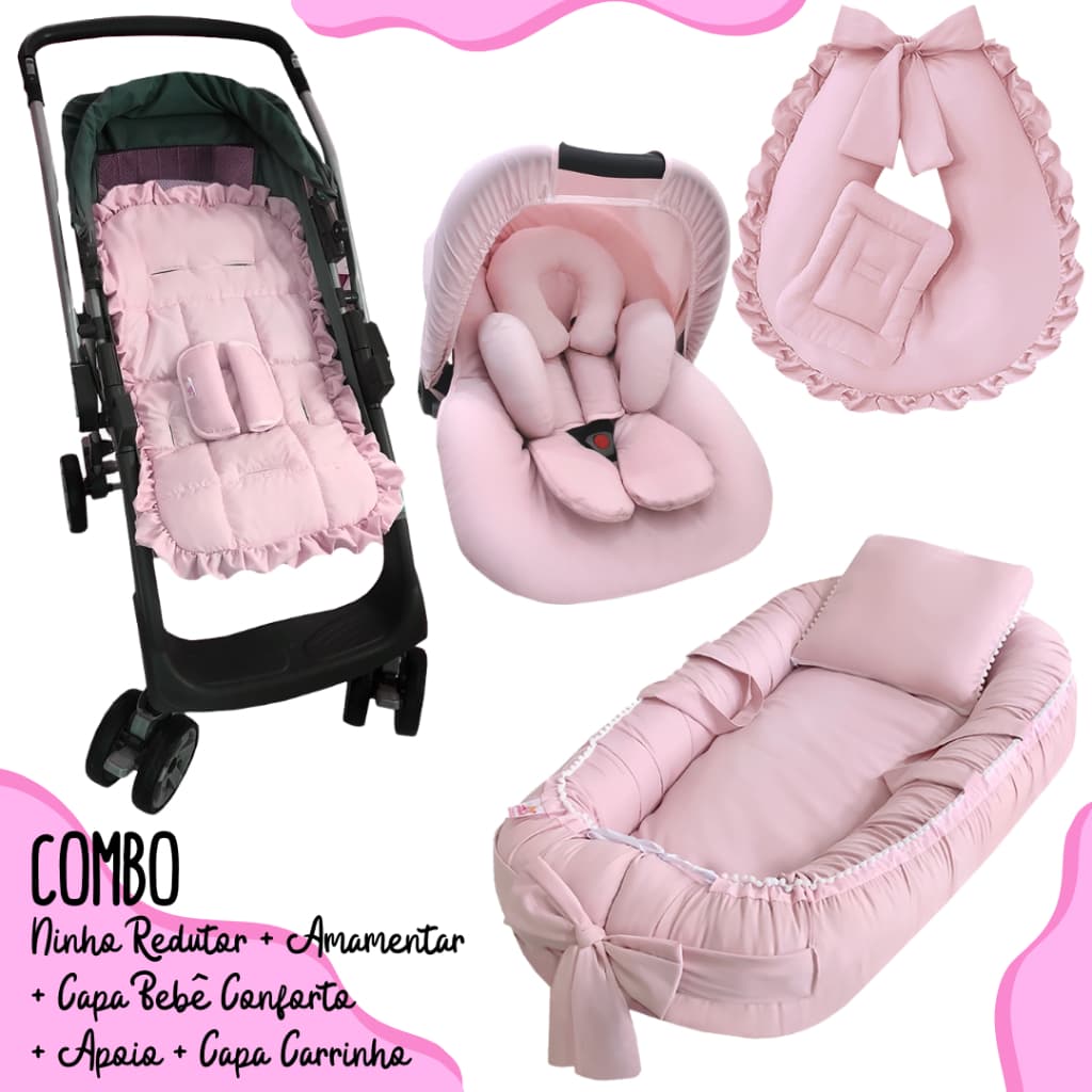 Kit Ninho Redutor + Amamentar, Capas Carrinho Protetor e Capa Bebe Conforto C/Capota e Apoio Redutor