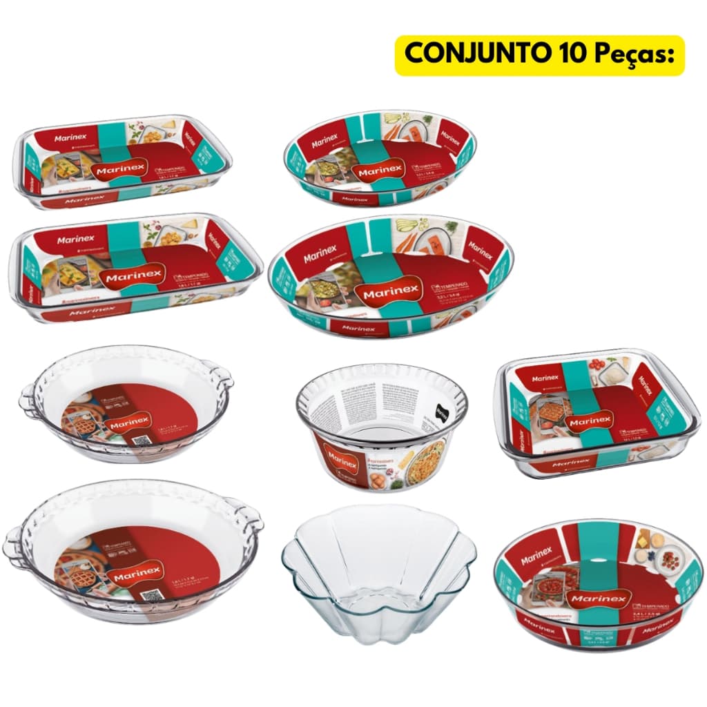 Conjunto 10 Peças Assadeiras Marinex Vidro Temperado Transparente Travessa Vasilha Refratário
