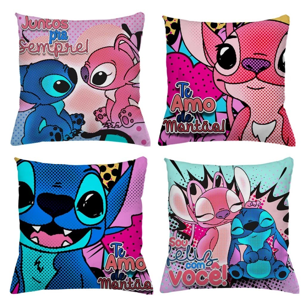 KIT 4 CAPAS DE ALMOFADAS DECORATIVAS, STITCH, ANGEL, LOVE, TE AMO, AMOR, DIAS DOS NAMORADOS, CASAL - TAMANHO 45X45