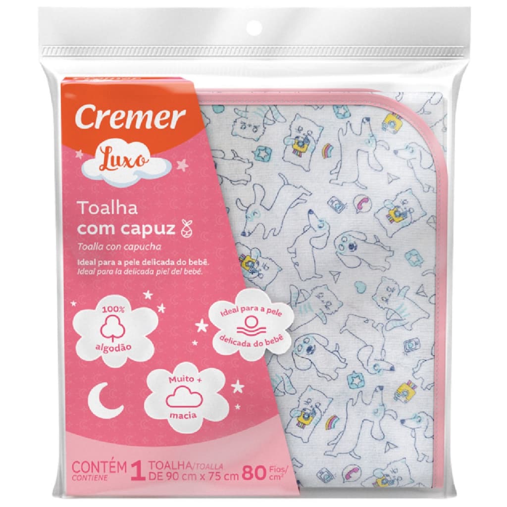 Toalha Fralda com Capuz Cremer Luxo Menina 90x75Cm (pode conter variações)