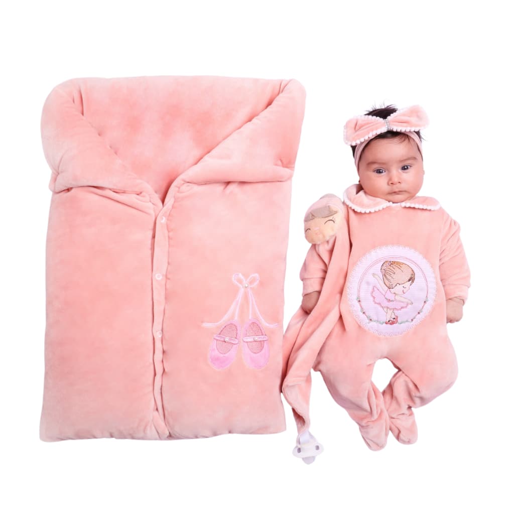 Saída Maternidade Bebê Menina Bailarina em Plush Rosê Com Saco De Dormir Quentinho Antialergico