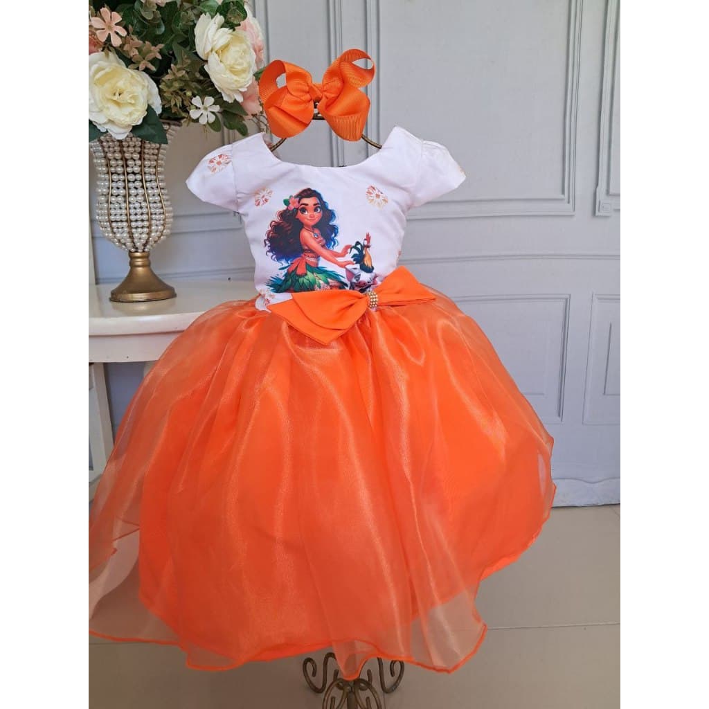 VESTIDO MOANA LARANJA LUXO VESTIDO FESTA PRINCESA LARANJA RODADINHO