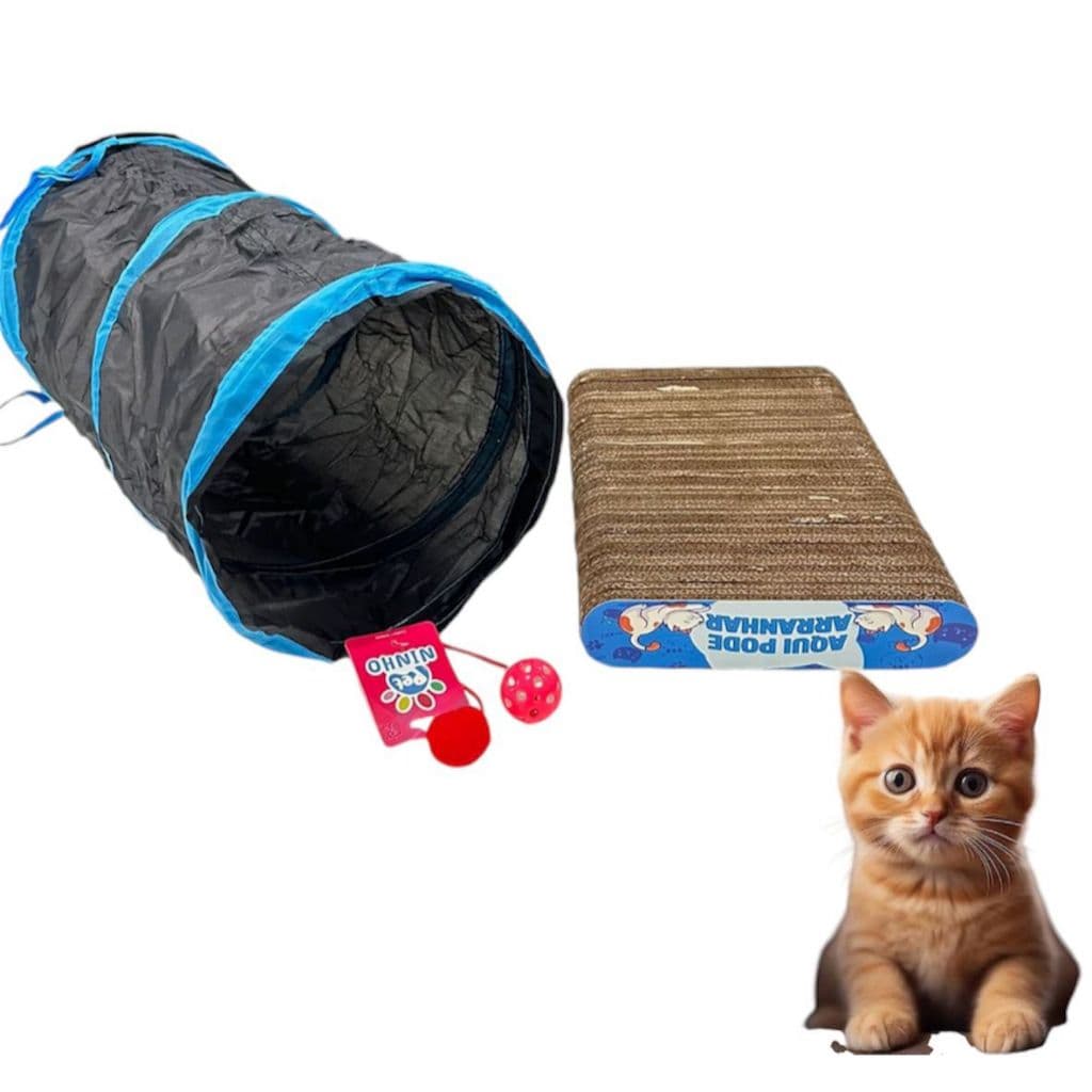 KIT Túnel brinquedo Interativo + Arranhador de PAPELÃO para Gatos