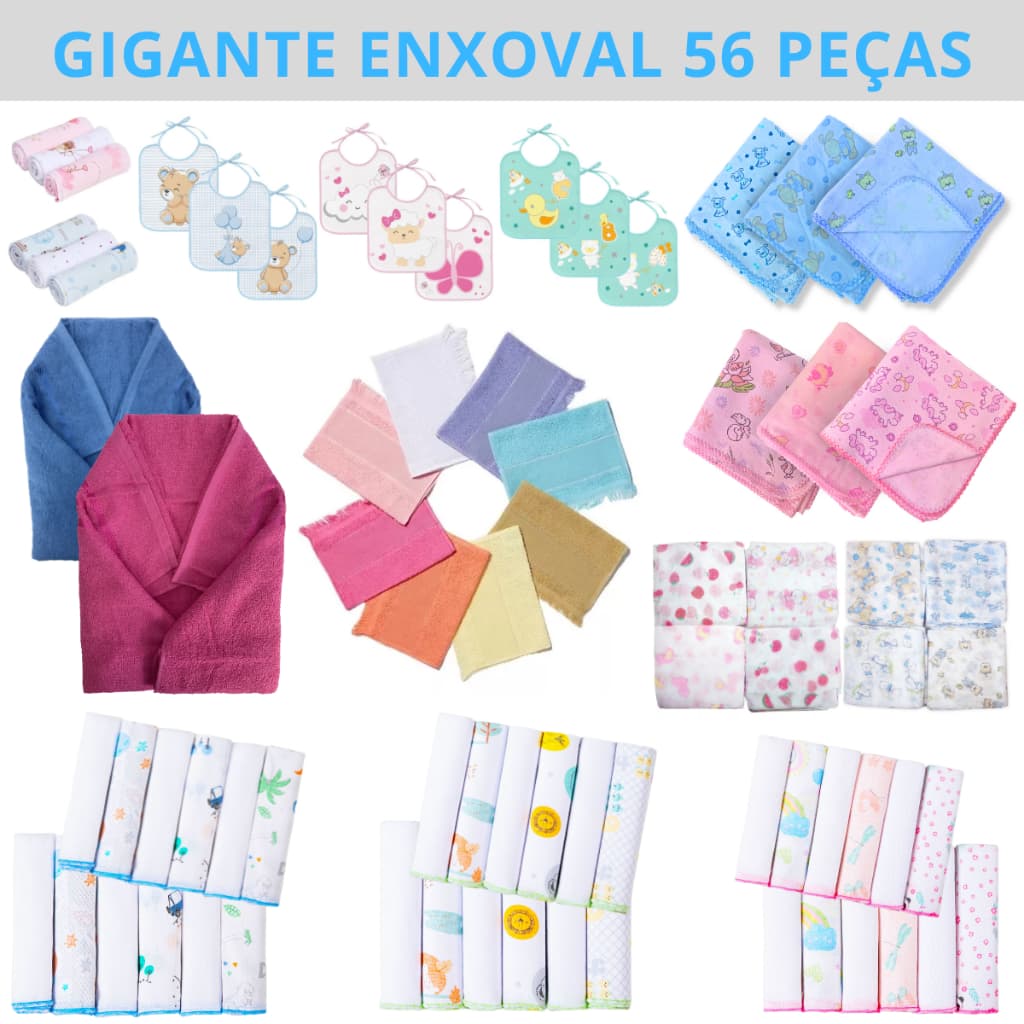 Super Mega Kit 56 Peças Enxoval Maternidade Recém Nascido Enxoval Bebê 15 Fralda de Pano + 22 Pano de Boca + 1 Cueiro + 1 Toalha Banho + 3 Babadores + 1 Mosquiteiro + 10 Toalha Social + 3 Faixa Umbilical100% Algodão