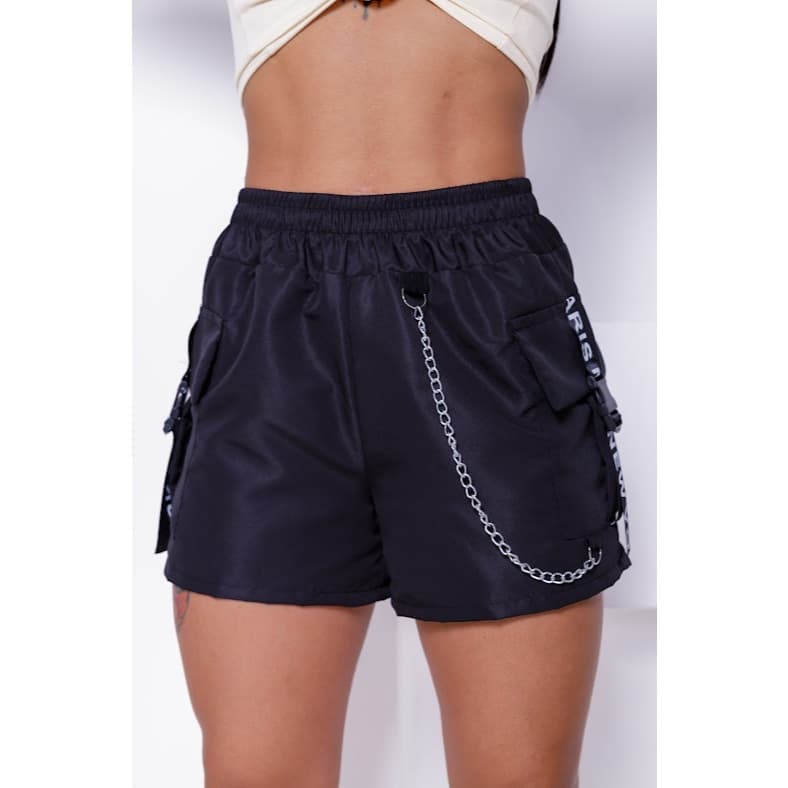 Short Cargo Tactel Feminino Corrente Fita New York Cintura Alta Bermuda Skatista Bolso Laterais Elástico Moda Gringa
