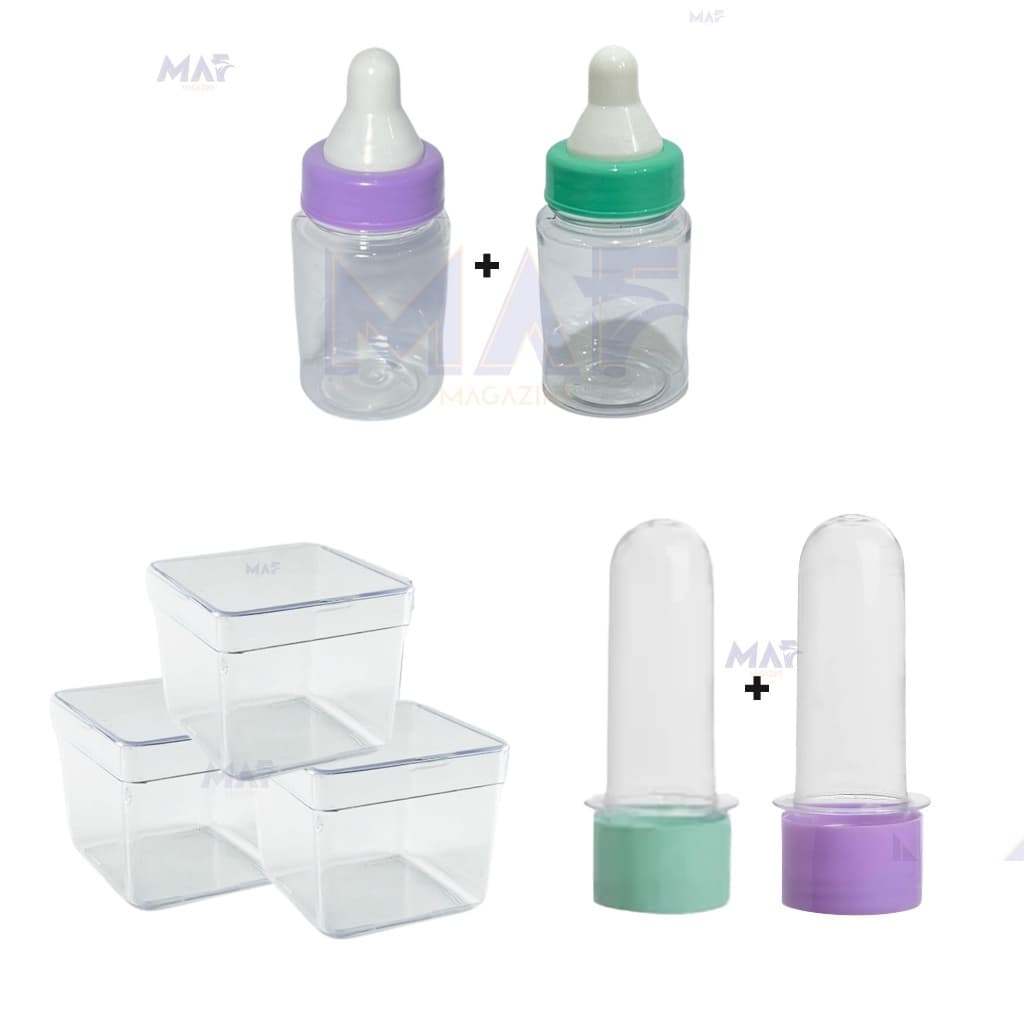 Kit C/ 30 Itens - 10 Mini Tubete 10 Mini Mamadeira 10 Caixinha 5x5 Chá de Bebe Chá Revelação