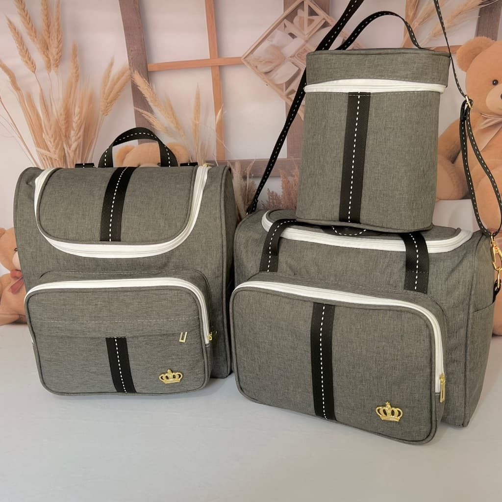 Kit Silver Black Impermeável Bolsas Maternidade Cinza Com Faixa Preta Com porta Mamadeira -03 peças