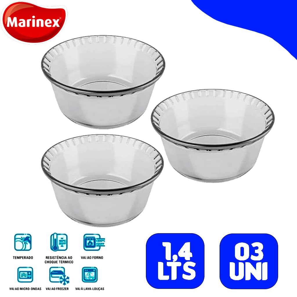 3 Forma de Suflê Marinex 1,4L Assadeira resistentes a Conjunto 3 Assadeira Vidro Temperado