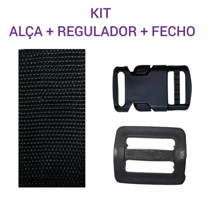 kit 2 fechos+1 regulador+2 metros de alça 20mm preto plástico