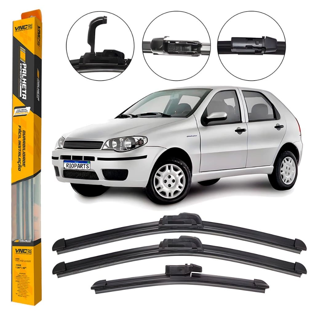 Kit 3 Palhetas Limpador De Parabrisa Dianteiro + traseiro Fiat Palio G3 / G4 2004 Até 2015