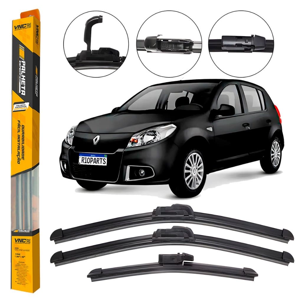 Kit 3 Palhetas Limpador De Parabrisa Dianteiro + traseiro Renault Sandero 2007 2008 2009 Até 2014
