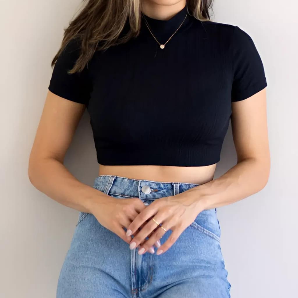Blusa Cropped Canelado Feminino Gola Alta Manga Curta Promoção