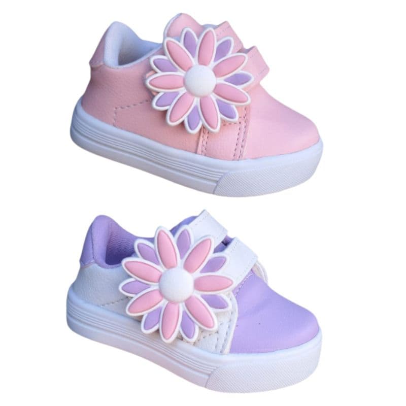 Tênis infantil feminino enfeite flor lilás e rosa