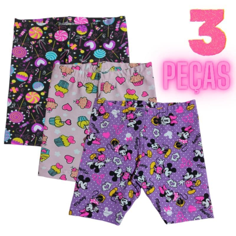 Kit 3 Shorts Bermuda Ciclista Cotton Bebê Infantil 1 a 8 Anos