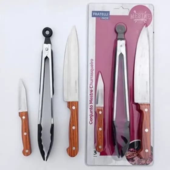 Kit Para Churrasco 3 peças/ Churrasco Profissional Fratelli Inox - Conjunto Mestre Churrasqueiro