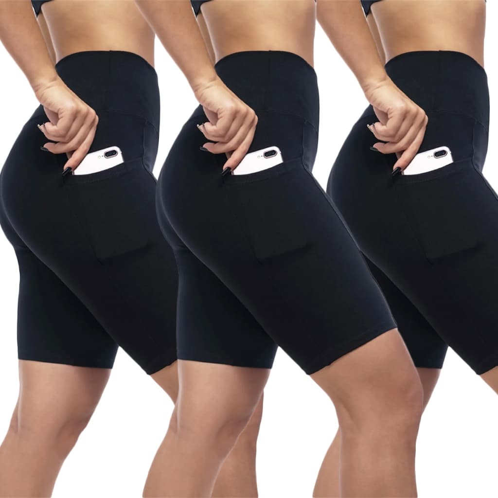 Kit 3 Shorts Legging Feminino Bermuda Fitness Preta Cintura Alta Com Bolso Lateral