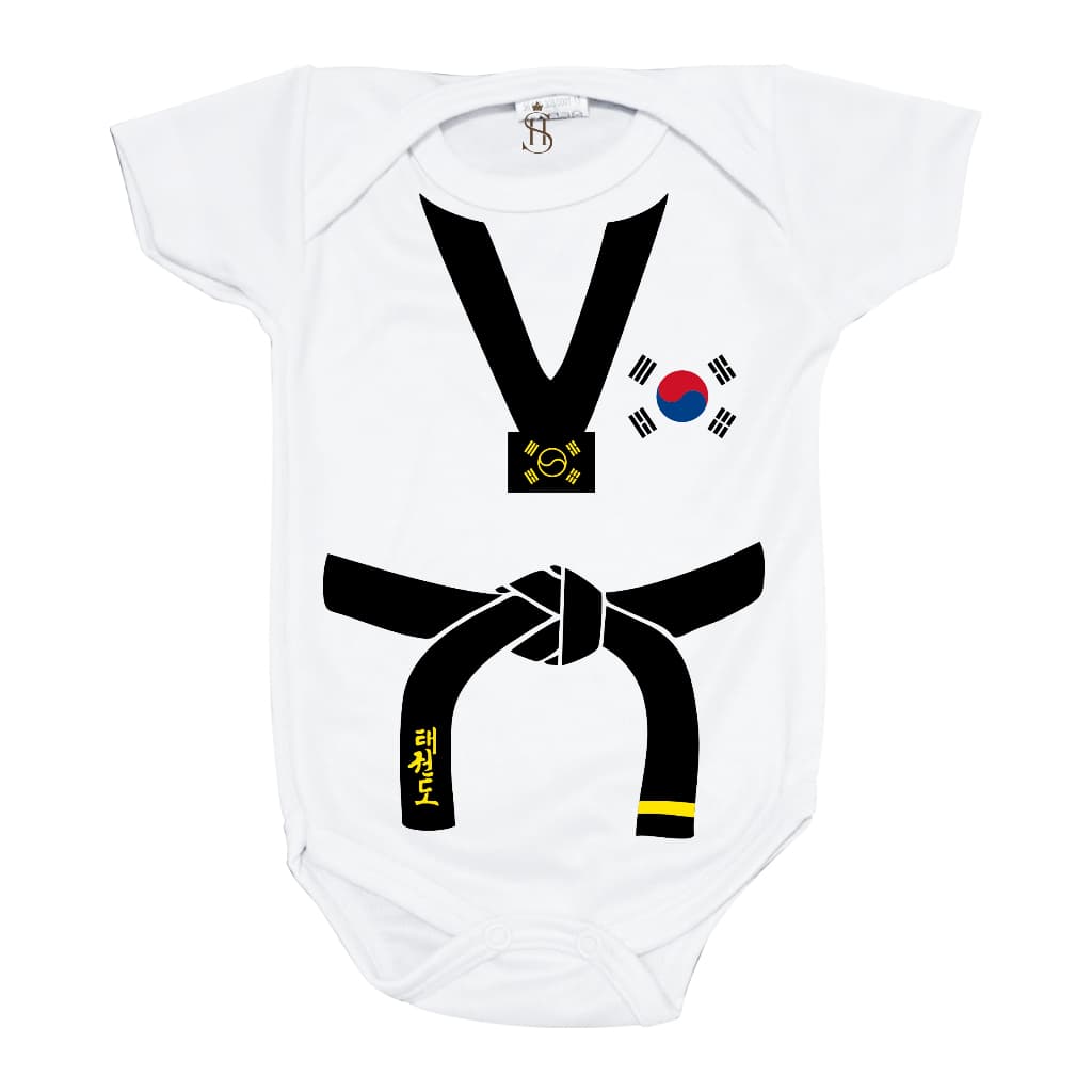 Body Infantil Bebê Estampa Arte Marcial Taekwondo Estilo Dobok Faixa Preta