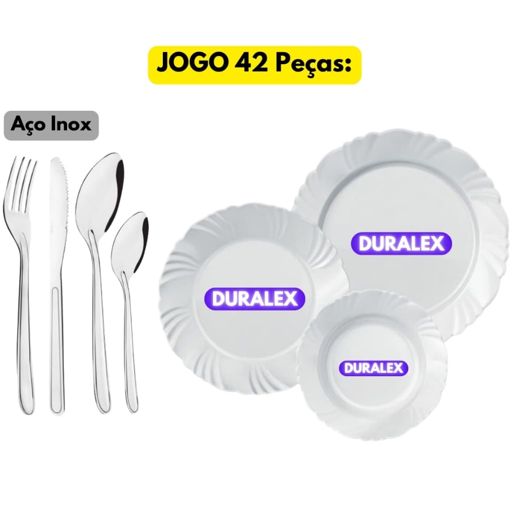 Jogo Kit 42 Peças 06 Pratos Vidro Rasos Pétala + 06 Fundo + 06 Sobremesa + 24 Talheres Inox Oriente