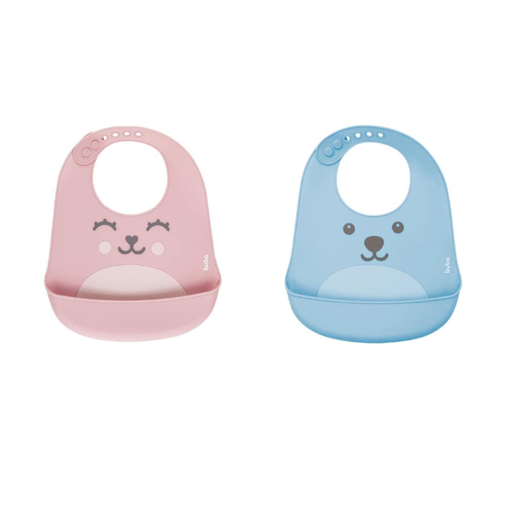 Kit Alimentação Silicone Buba 2pçs Babador Gumy Rosa e Babador Gumy Azul Bebe Introdução