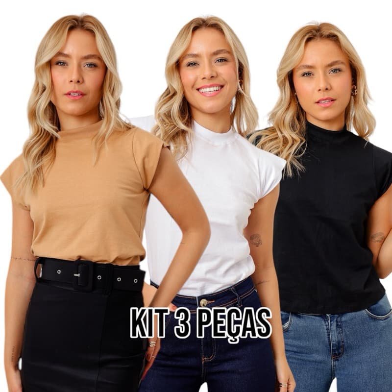kit 3 T Shirt blusa gola alta feminina manga Muscle Tee 502 curta camiseta básica lisa preta Off nude