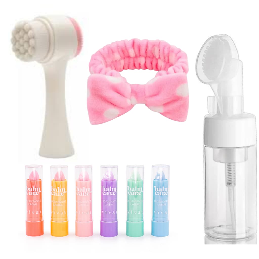 Faixa para Cabelo, Maquiagem e Skincare + Escova Limpeza Facial 2 em 1+ Frasco Pump Limpeza Facial+Balm Labial