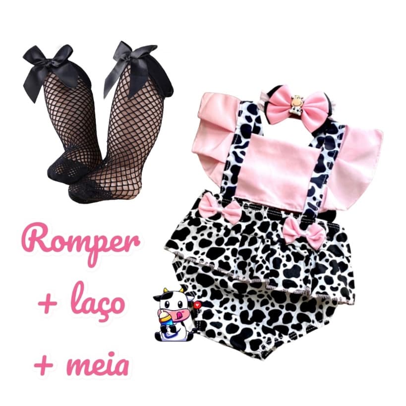 Romper Body Temático Mesversario Bebê Vaquinha e melhores temas + laço + meia arrastão
