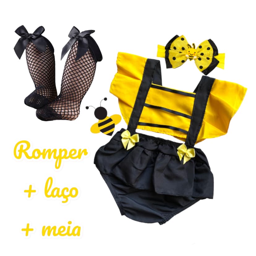 Romper Body Bebê Mesversario Abelha e Melhores Temas + laço + meia arrastão