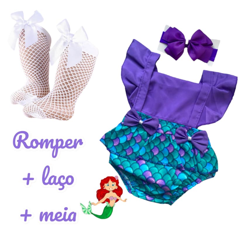 Romper Body Bebê Mesversario Sereia e Melhores Temas + laço + meia arrastão
