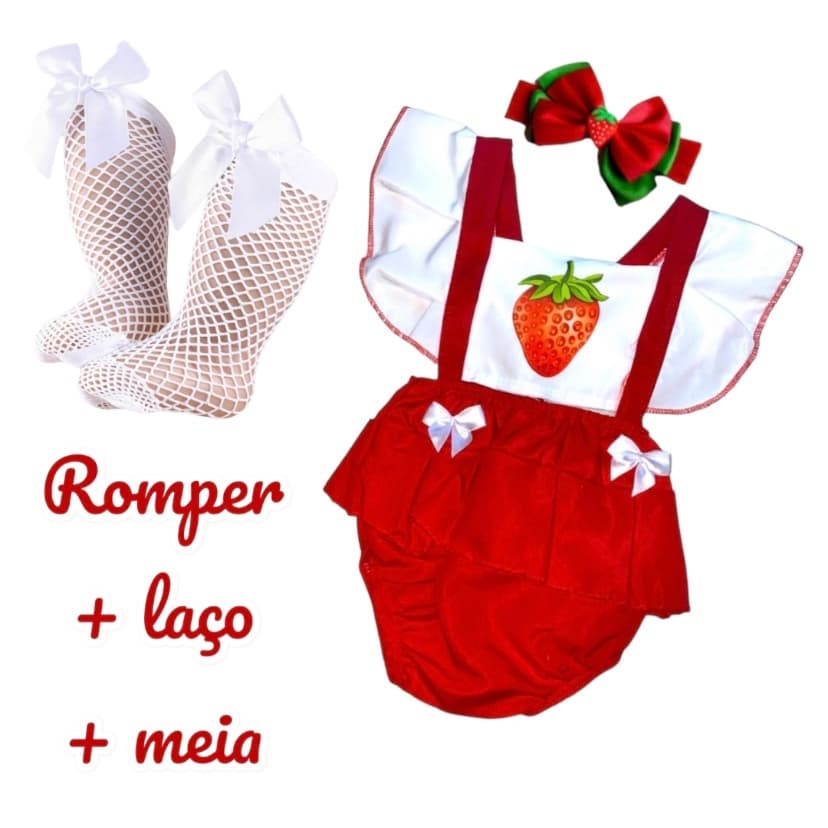 Romper Body Temático Mesversario Bebê Morango e Melhores Temas + laço + meia arrastão