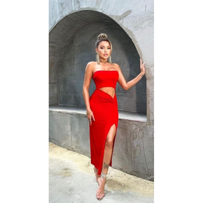 Vestido Longo Feminino Tomara que Caia com Abertura Tendência