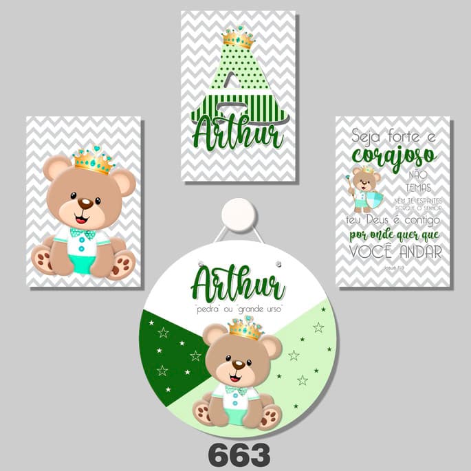 Kit Bebê Quadros Decorativos 4 Peças Criança Berçário Porta de Maternidade Incluso Ursinho Filho