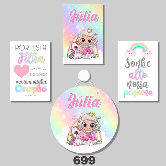Kit Bebê Quadros Decorativos Criança Berçário Porta de Maternidade Princesa Unicórnio Arco Íris