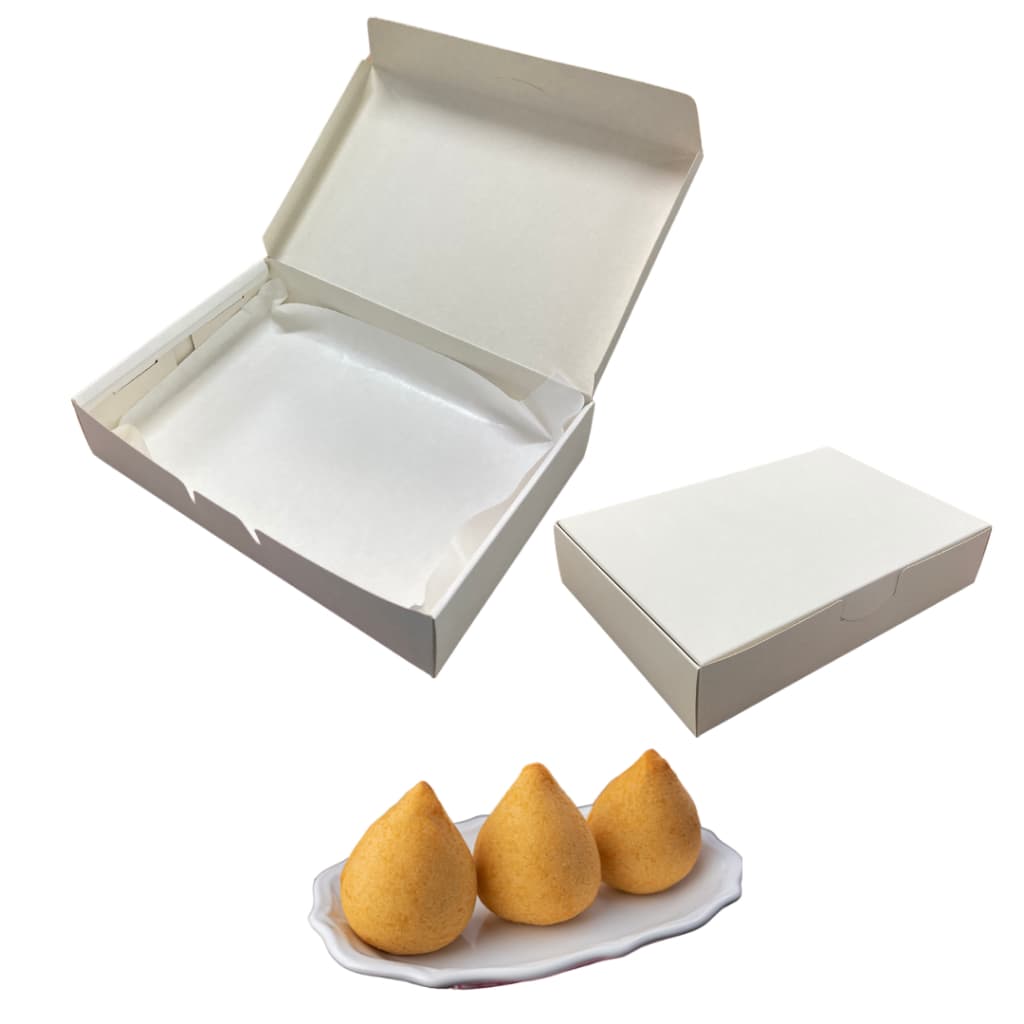 100 Caixa de Salgado de Festa Salgadinhos Porções Batata Frita Delivery Ifood + 100 Papéis Antigordura - REF04 - Branca