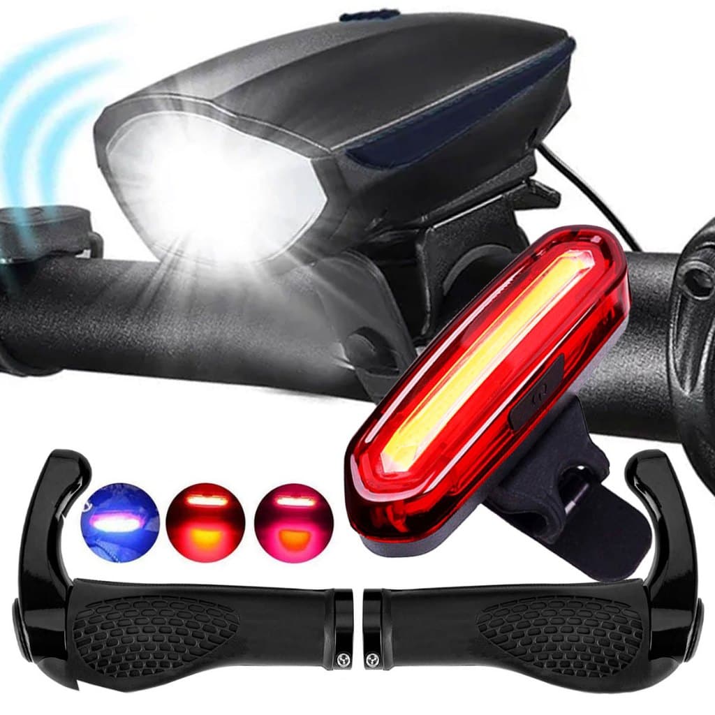 Lanterna Farol Bike Prova D'água Buzina Com Sinalizador 3 Cores + Par De Manopla Bike Anatômica Mtb