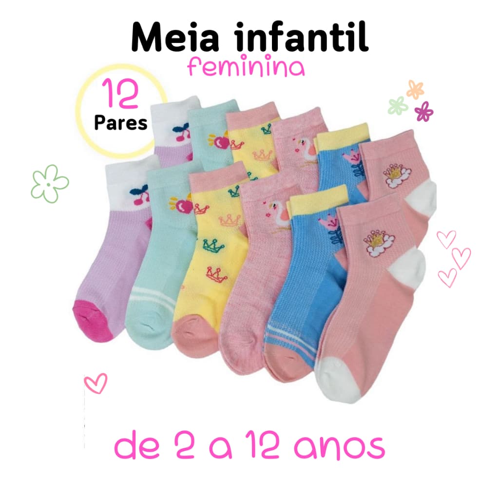 Kit 12 Pares Meia Infantil Menino Menina Material Resistente Fácil Lavagem Não Irrita a Pele do Bebê Respirável Refrescante Confortável Aconchegante Seguro para o Dia a Dia Fácil Ventilação Macio Aquece Esquenta os Pés e Mantém Secos