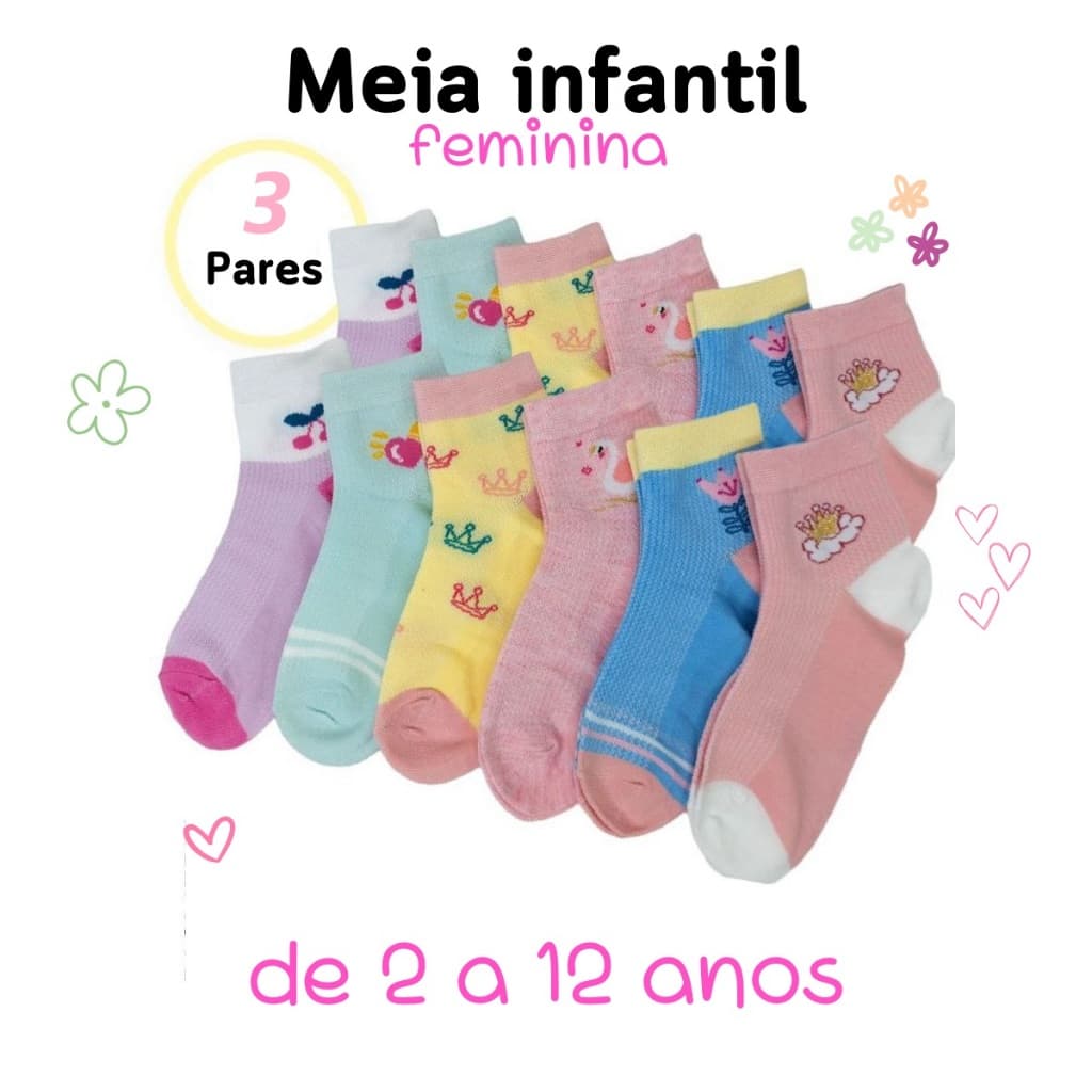 Kit 3 Pares Meia Infantil Menino Menina Material Resistente Fácil Lavagem Não Irrita a Pele do Bebê Respirável Refrescante Confortável Aconchegante Seguro para o Dia a Dia Fácil Ventilação Macio Aquece Esquenta os Pés e Mantém Secos