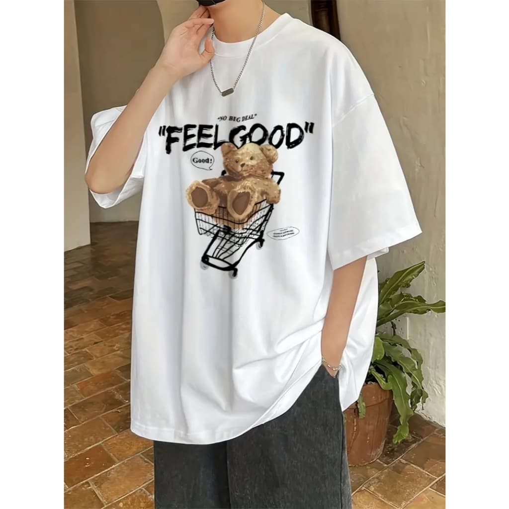 Camiseta Básica Urso Feel Good Masculina Feminina Algodão Camisa Unissex StreetWear