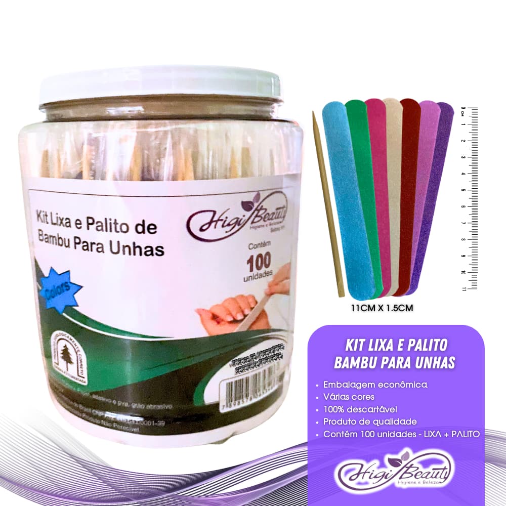 Kit Lixa Colorida E Palito de Bambu Para Unhas - 100 Unidades - Higibeauty