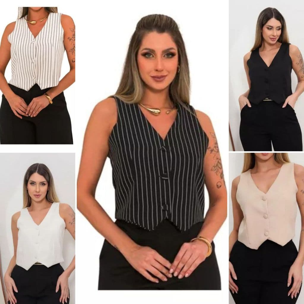 Kit 5 Coletinho Curto Social Alfaiataria Colete Feminino Forrado Atacado Moda Atual