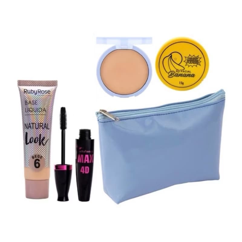 Kit Maquiagem Necessaire, Pó Facial, Base, Máscara para Cílios e Pó Compacto Beleza