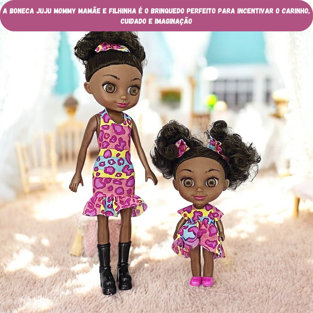 Boneca Juju Mommy Mamãe E Filhinha Negra Acessórios Menina Criança Infantil Imaginação Faz De Conta