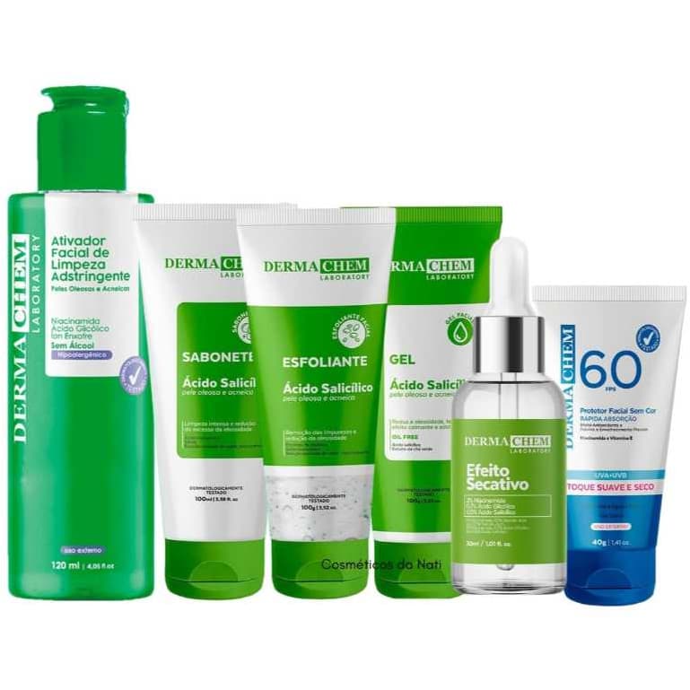 Kit Skin Care Completo Limpeza de Pele Anti Acne Antioleosidade Autocuidado Protetor Solar Dermachem