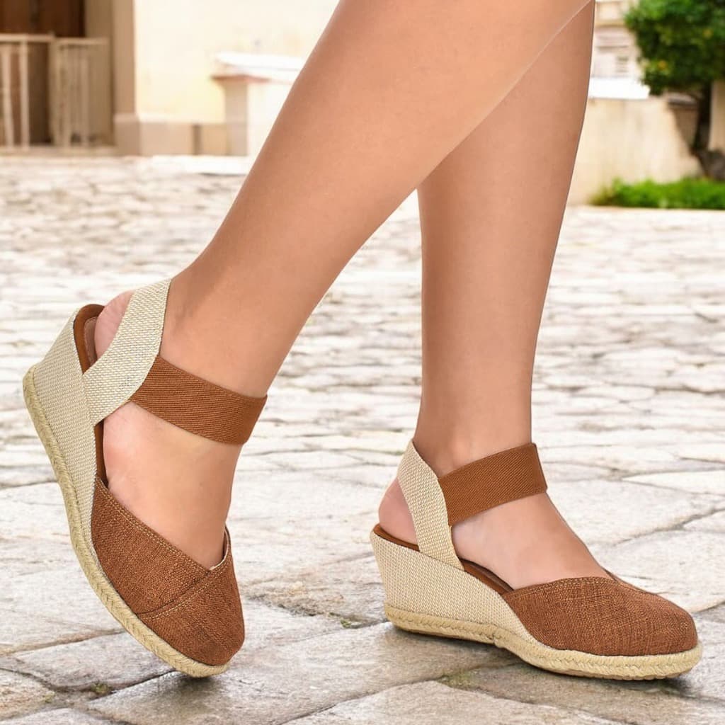 Sandália Anabela Feminina Plataforma Salto Corda Tecido Textura Elástico Confortável Casual
